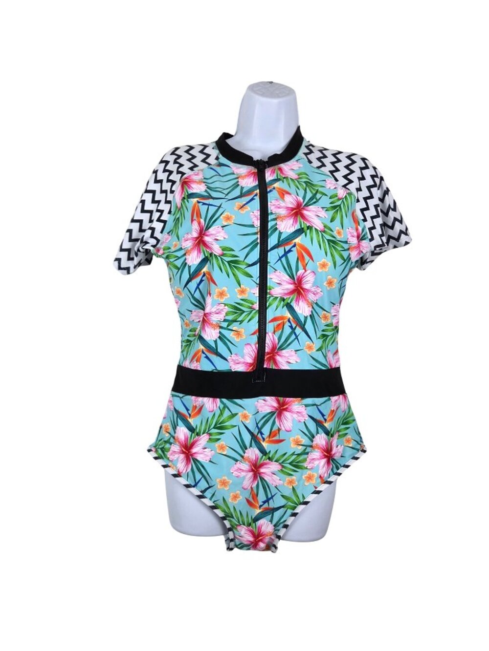 Womens XL Floral & Chevron Short Sleeve Zip-Front Swimsuit Tropical Beach